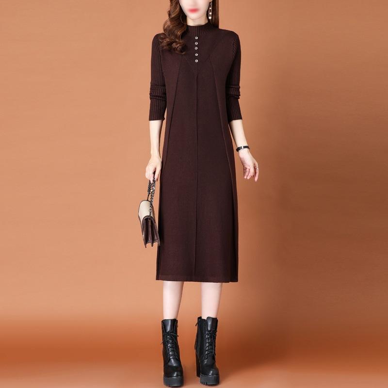 Autumn/Winter Half High Collar Knitted Dress for Women Stylish and Slim Medium To Long Knee Length Sweater Skirt