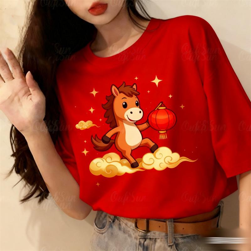 

New Year Pattern T Shirt For Women Horse Year 3D Printed Tees Summer Casual Street O-Neck Tops Short Sleeves Oversized T-Shirts XXS