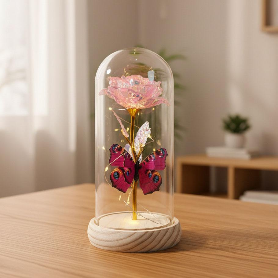 Butterfly Gold Foil Rose Immortal Flower Glass Cover Qixi Festival Valentine's Day Gift Creative Mother's Day Christmas Gift
