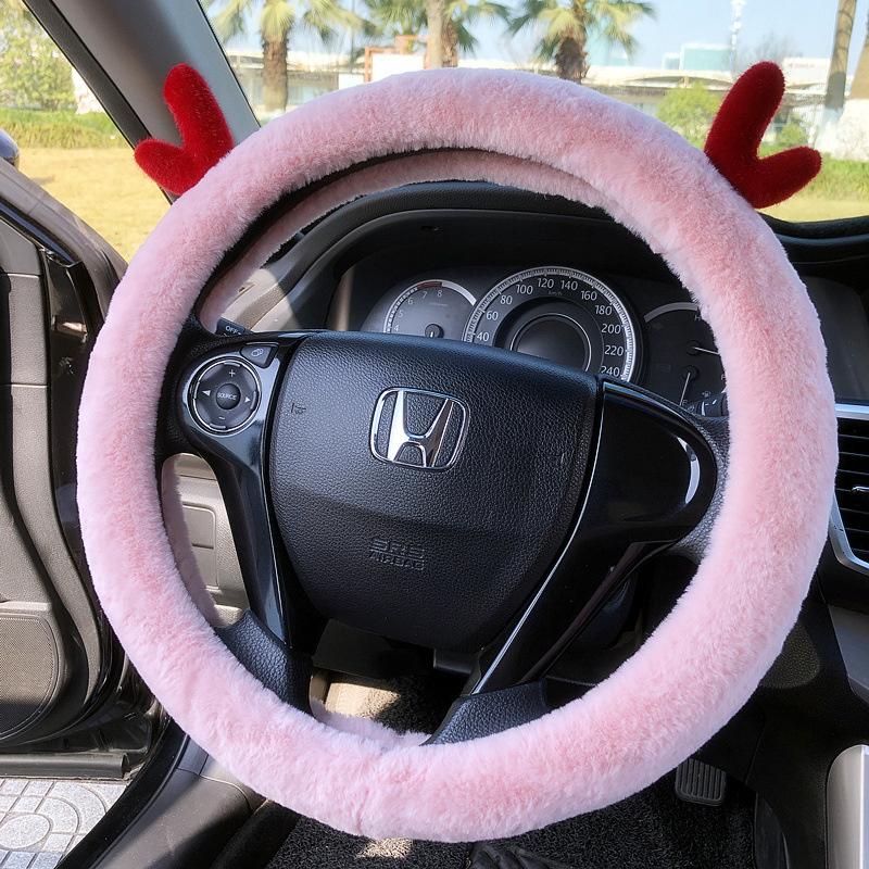 Short Plush Steering Wheel Cover Kawaii Winter Warm Car Handle Cover Anti-skid Cartoon Cute Cat Ear Steering Cover Pink Gift