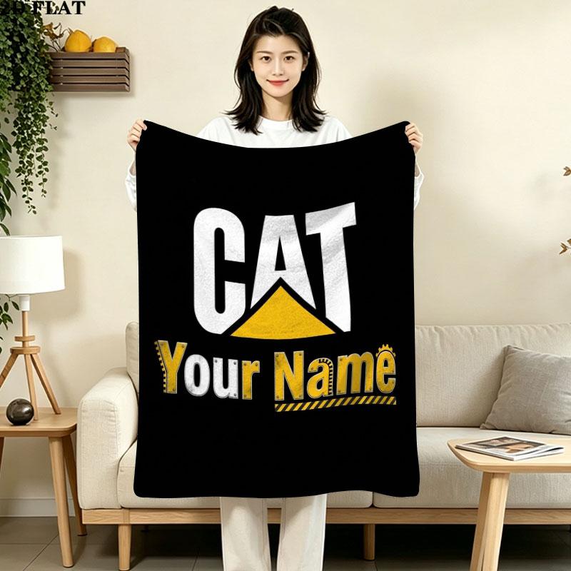 1PC Cat Construction Gear Custom Name Patterned Flannel Blanket Suitable For All Seasons for Home Decor Warmth and Comfort Gifts Holiday Gift