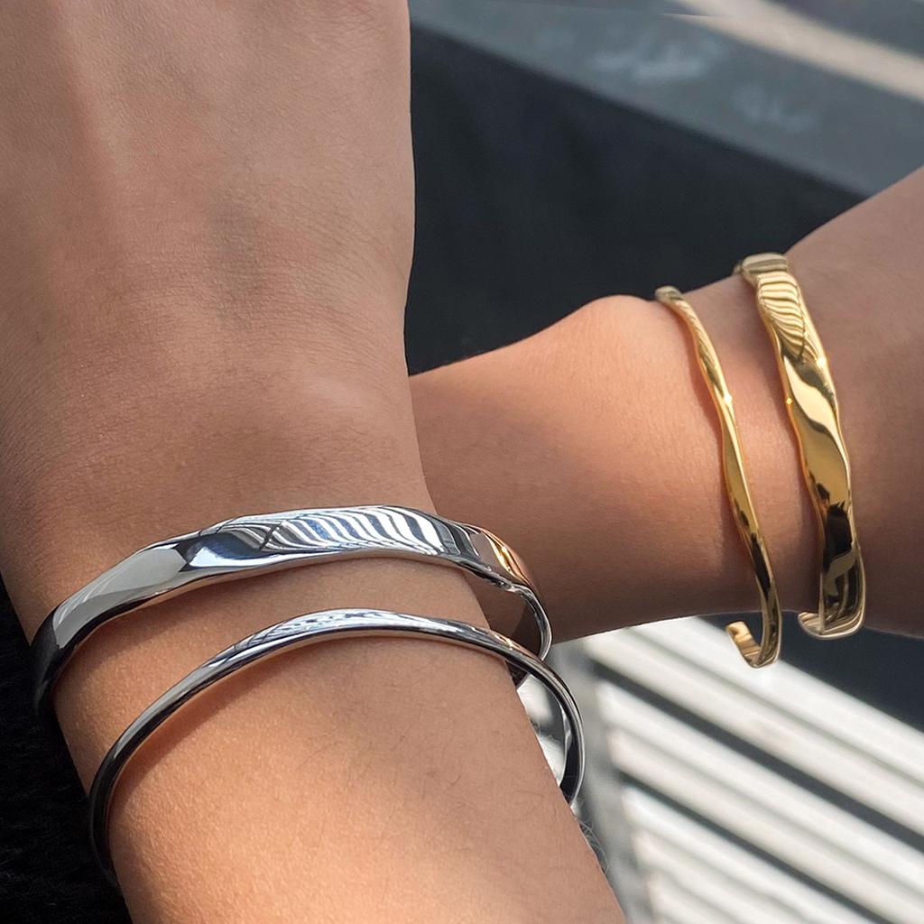Waterproof Stainless Steel Simple Stacking Cuff Bracelet 18K Gold Plated Trend Fashion Unisex Jewelry Men Women