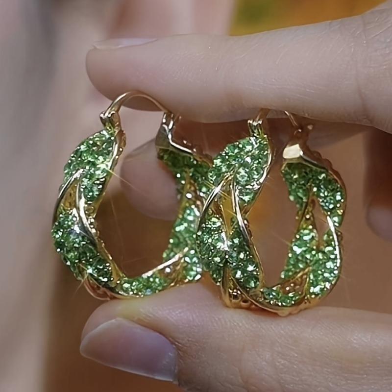 1 Pair Of Sparkling Green Cubic Zirconia Twisted Ring Earrings For Women Nature Theme Ear Jewelry Accessories Gift For Women