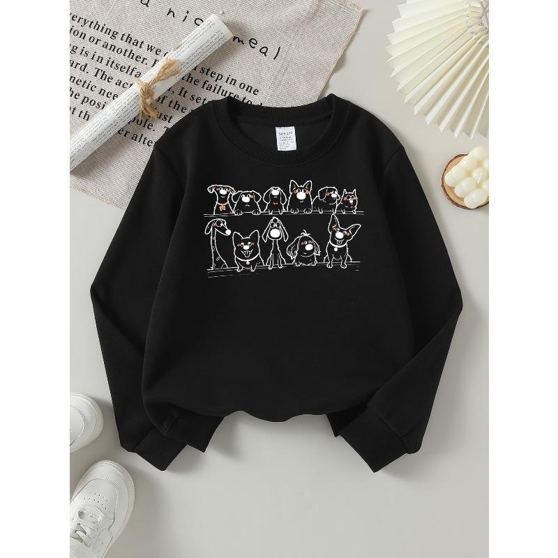 European Sizes Girls' Soft Crewneck Sweatshirt with Cute Dogs Cartoon Pattern, Casual All-Match for Fall Winter, Ideal Present.