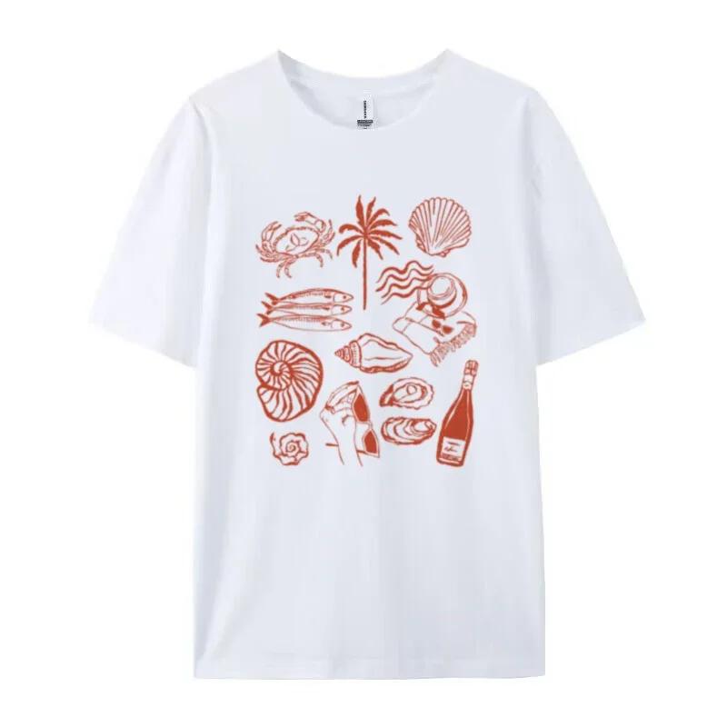 

Summer Ocean Coastal Graphic Tees Trendy Retro Aesthetic La Dolce Vita T Shirt Cute Oyster Wine Shirt Beach Vacation Women Tops S