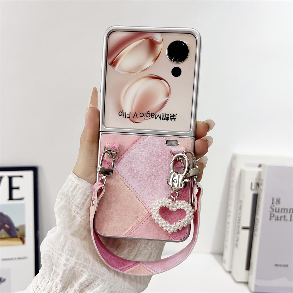 Retro Color Collision Phone Case For Honor Magic V Flip Hand Strap Protective PC Hard Shell Magic V Flip Back Cover