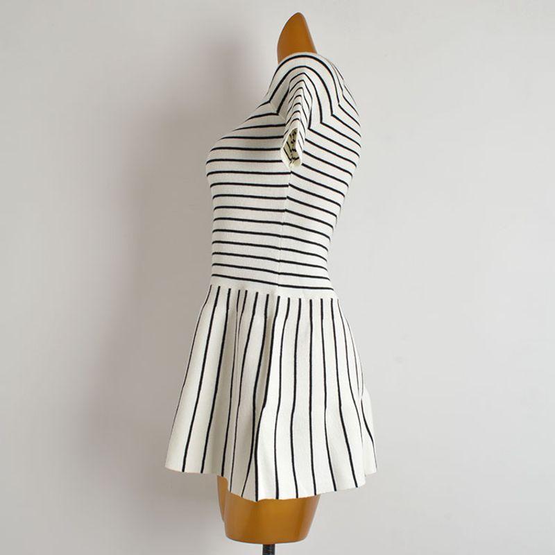 Fashion Style New Arrival Contrast Color Striped Mock-Neck Short Sleeve Knitting Dress Women's Waist-Tight Slim Looking Sheath A- line Skirt