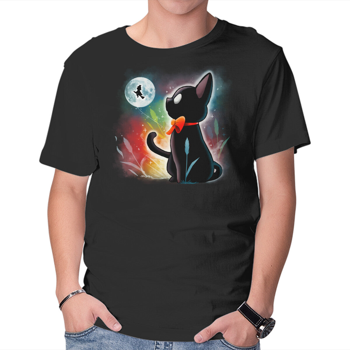 Unisex Crew Neck T-Shirt Witched Cat Graphic Short Sleeve Casual Tee L
