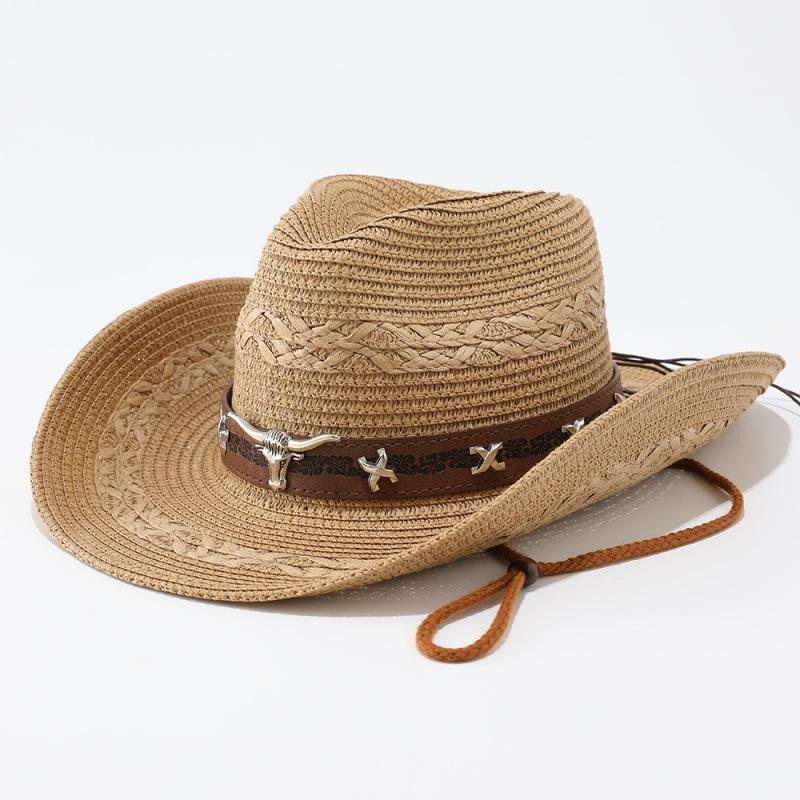 Summer fashion retro western style cow head belt buckle decorative straw hat men's personality Panama hat women's sun protection hat