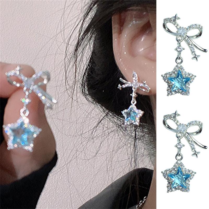 Y2K Shiny Zircon Star Bow Earrings For Women Fashion Exquisite Elegant Pentagram Ear Studs Sweet Girls Jewelry Accessories Gift