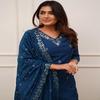Women's Indigo Blue Cotton Silk Embroidered Kurta with Trousers and Dupatta Set