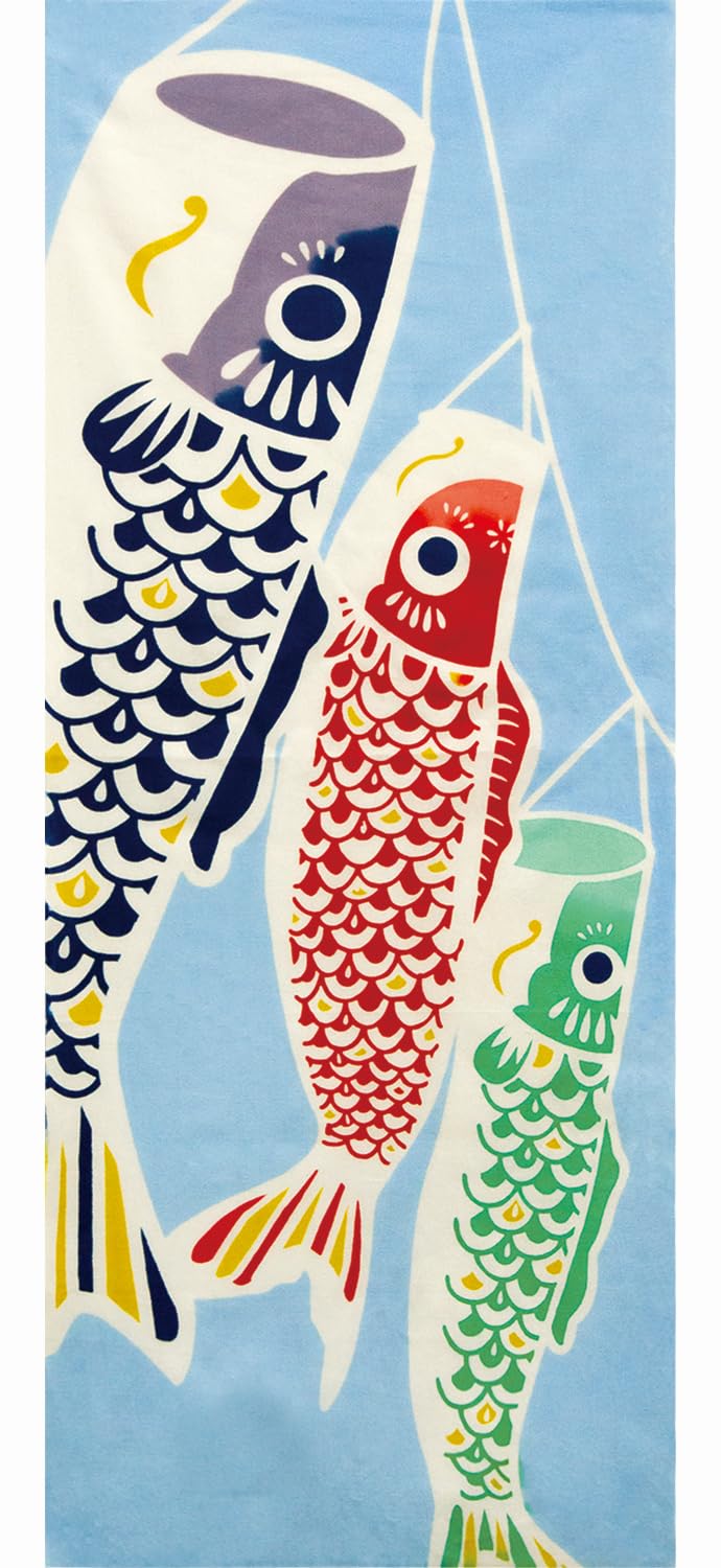 

Prairie Dog Dyed Tenugui Towel with Spring Design and Swimming Carp Streamer by Wabunka [TE-508]