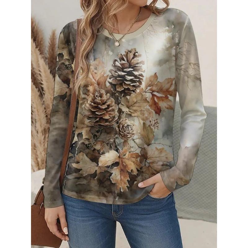 Women's Autumn and Winter 3D Printed Crew Neck Long Sleeve T-Shirt Fashion Versatile Trend Breathable Casual