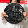 2D Flat, 1pc Round Aluminum Hanging Sign, Vintage Embossed Effect Flat Metal Plaque, Witch Hat, Raven, Broom & Floral Print, Dark Gothic Wall Decor