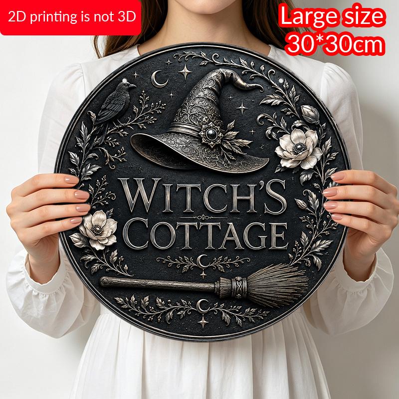 2D Flat, 1pc Round Aluminum Hanging Sign, Vintage Embossed Effect Flat Metal Plaque, Witch Hat, Raven, Broom & Floral Print, Dark Gothic Wall Decor