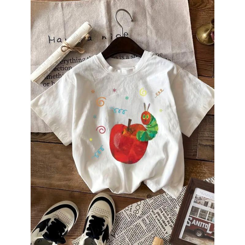 Европейские размеры  Футболка - Черная футболка с дизайном Красное яблоко и Зеленая гусеница - Дышащая футболка с круглым вырезом для повседневной носки 98cm белый