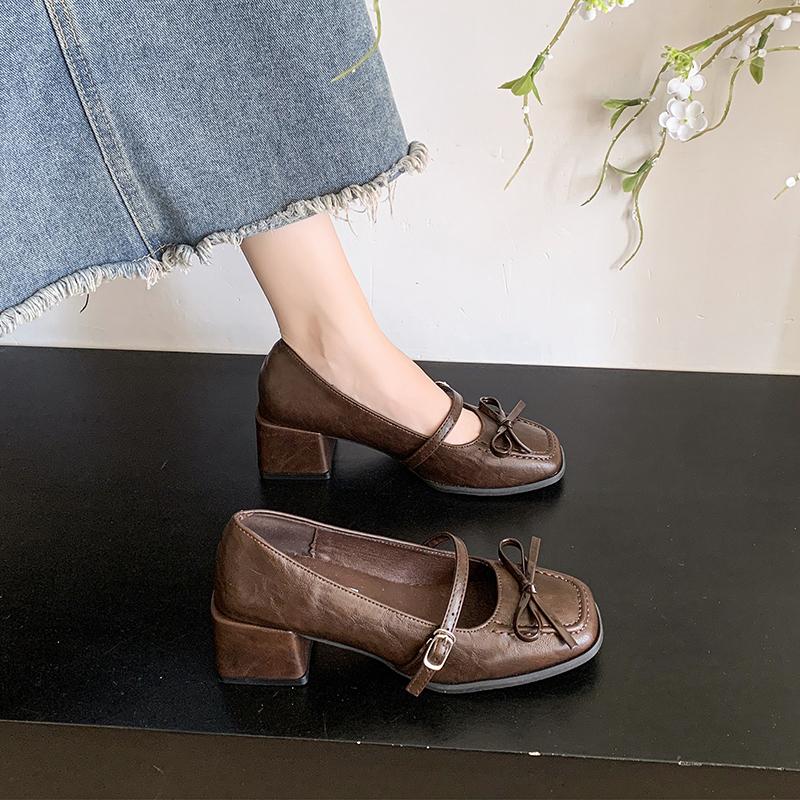 Fashion Bow Women's Mary Jane 2025 New French Brown High Heel Temperament Single Shoes
