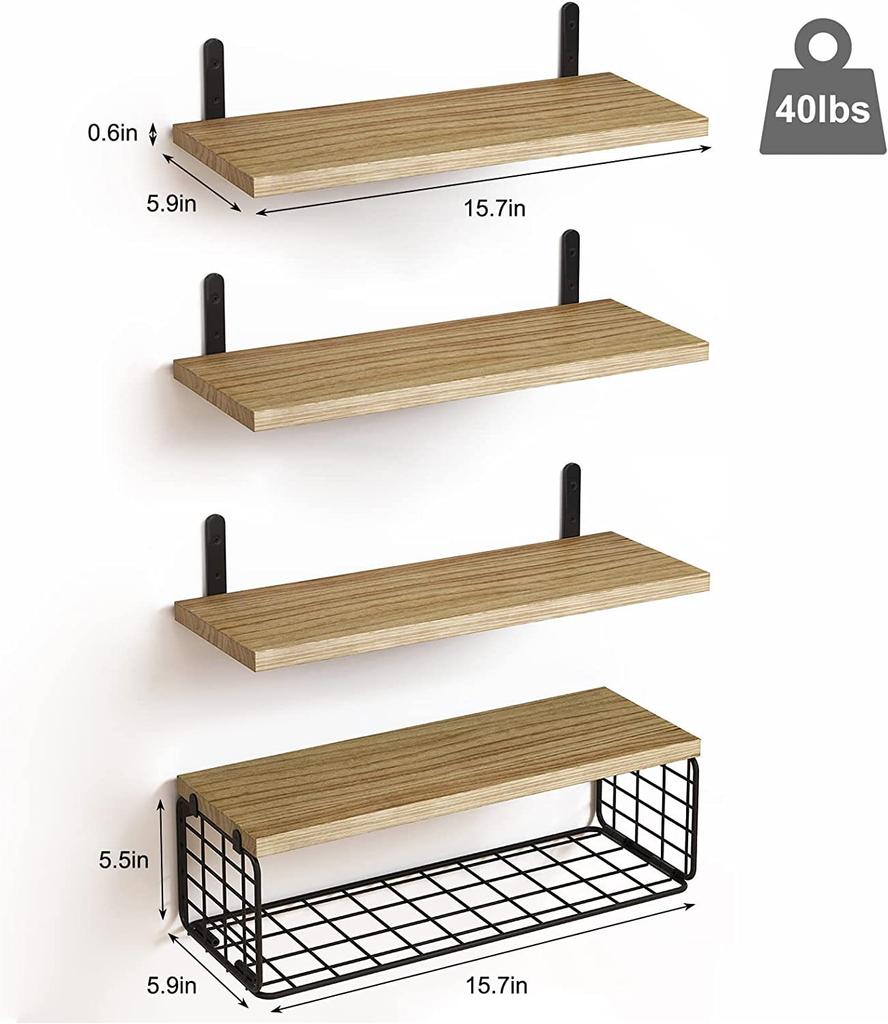 Natural Wood Bathroom Floating Shelves Bathroom Wall Mounted Towel Rack Toilet Paper Holder Home Accessories Garden Set of 4