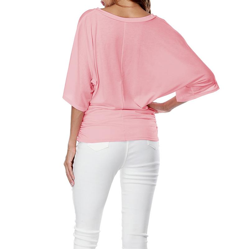 Klasická ležérní netopýří halenka plus size s výstřihem do V a krátkým rukávem, růžovo-šedá, základní jednobarevné volné tričko, pulovrové topy, dámské letní tričko