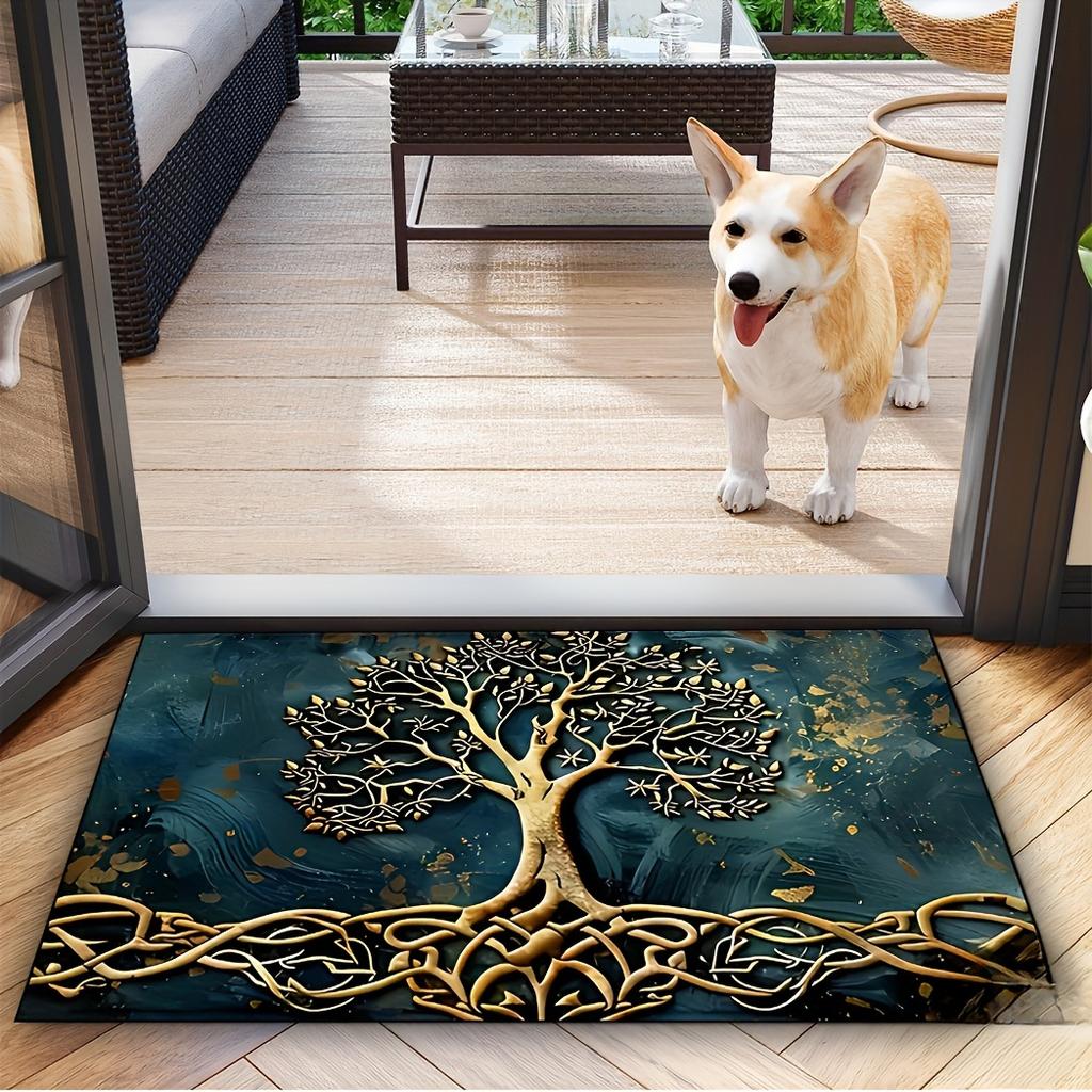 Life Tree Pattern Welcome Mat, Crystal Velvet Fabric, Silicone Backing, Rectangular Non-Slip Washable Entrance Carpet for Home, Bathroom Decor