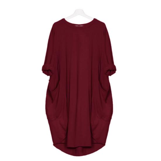 Women Casual Solid Color O Neck Long Sleeve Pockets Knee-length Baggy Dress