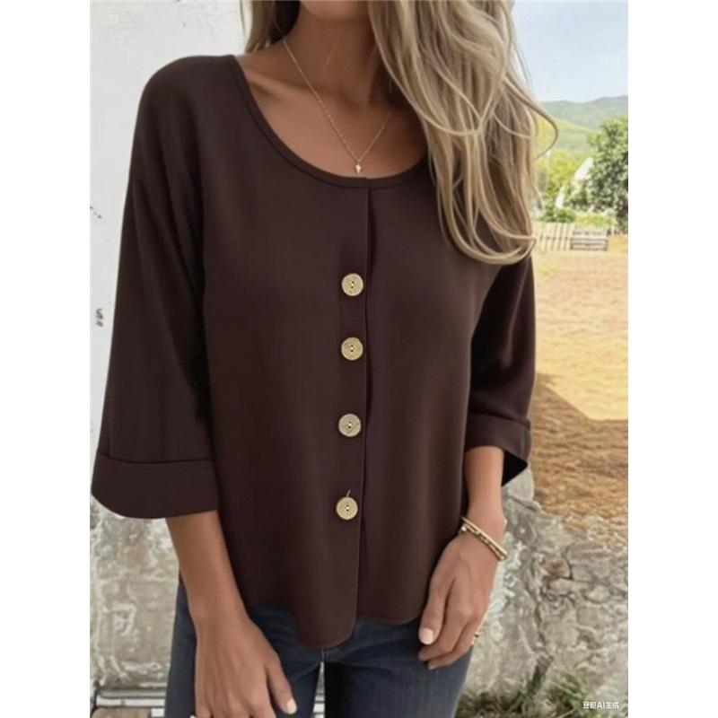 Top da Donna, Nuove T-shirt Larghe Europee e Americane, Cardigan con Bottoni in Cotone e Lino a Girocollo, Camicie Casual