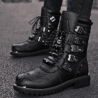 Herren-Arbeitsstiefel aus echtem Rindsleder, Militär-Kampfstiefel, Gothic-Schädel-Punk, Motorrad-Martin-Stiefel, Herren-Reitstiefel