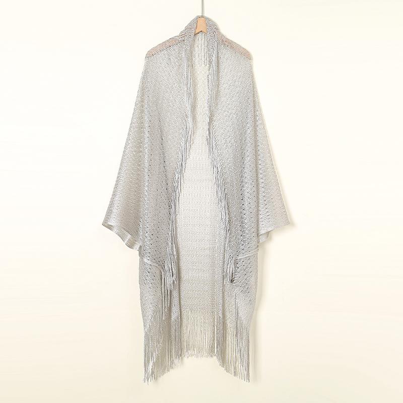 Fashion Women Bat Sleeve Cutout Cape Tassel Shawl Luxry Golden Sliver Party Scarf Summer Leisure Long Muffler 100*52Cm