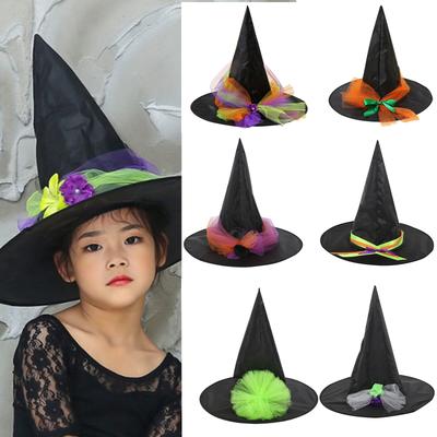 Hexen Zauberer Hut Karneval Party Kopfbedeckung mit Garn/Blume Teufelskappe Cosplay Requisiten für Kinder Mädchen Jungen