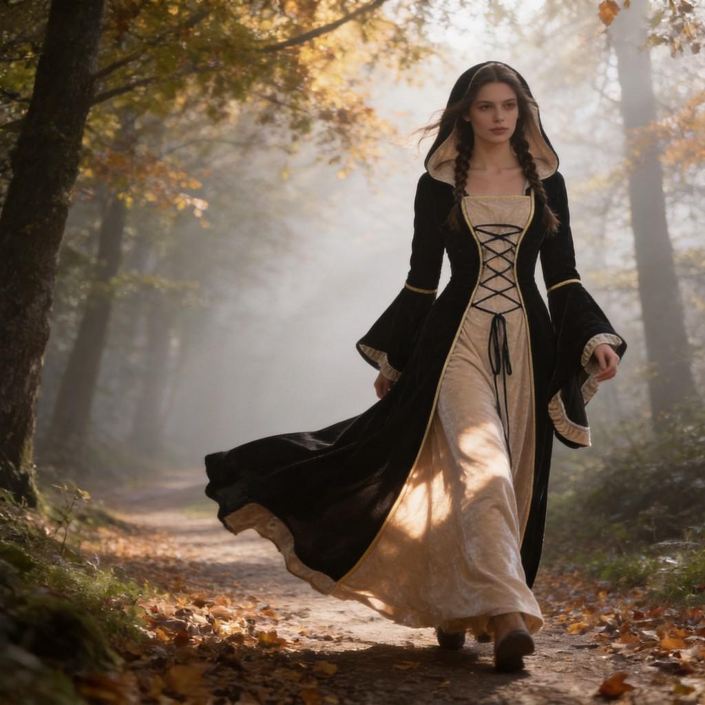 Medieval Vintage Court Dress With Velvet Fabric And Puff Sleeves For Halloween Costume Enthusiasts
