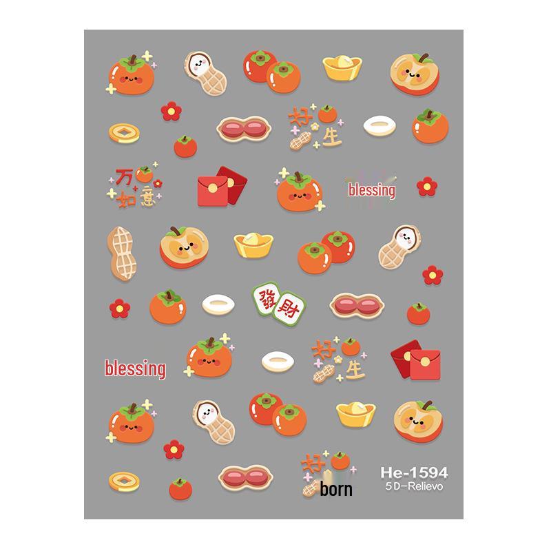Redanco 3D Embossed Cartoon Fish & Persimmons Nail Stickers for Good Fortune - He1596