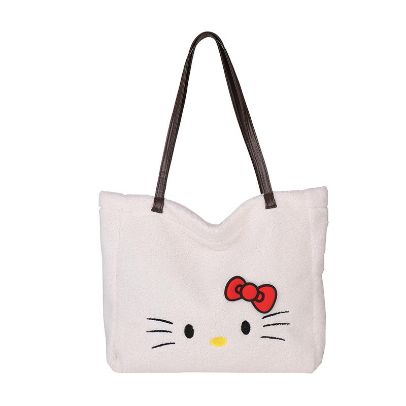

Милая плюшевая холщовая сумка Hello Kitty для поездок на работу, милая мультяшная сумка-тоут с котиком через плечо, сумка-тоут большой вместимости белый