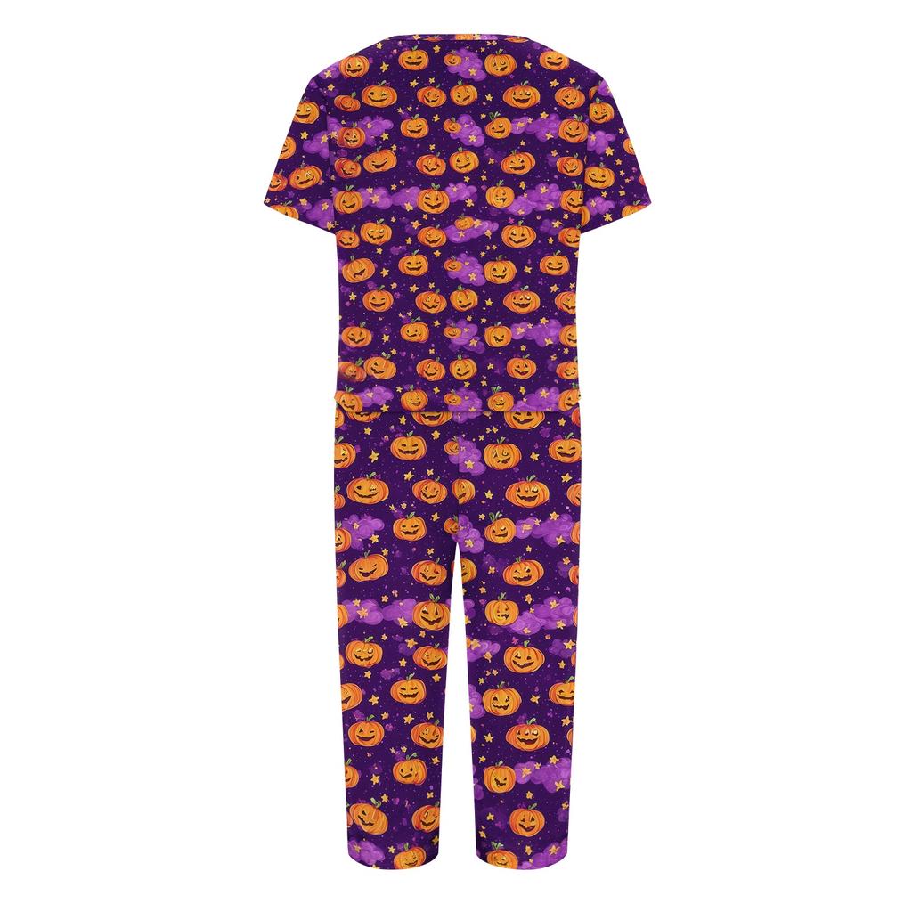 Women Two Piece Set Halloween Print Short Sleeve Top Seven Quarter Pants Casual Lounge Pajama Set for Daily Wear
