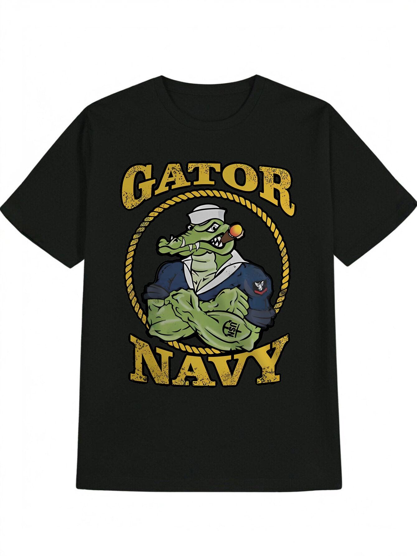 Casual Gator Navy Uniform Graphic T-shirt - Navy Blue Crew Neck Tee with Cartoon Gator Design L