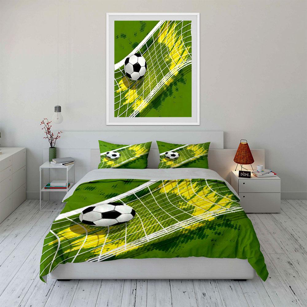 Soccer Ball Hitting The Net Print Bedding Set 1 Duvet Cover 2 Pillowcases For Adult And Children Luxury Gift Full Size