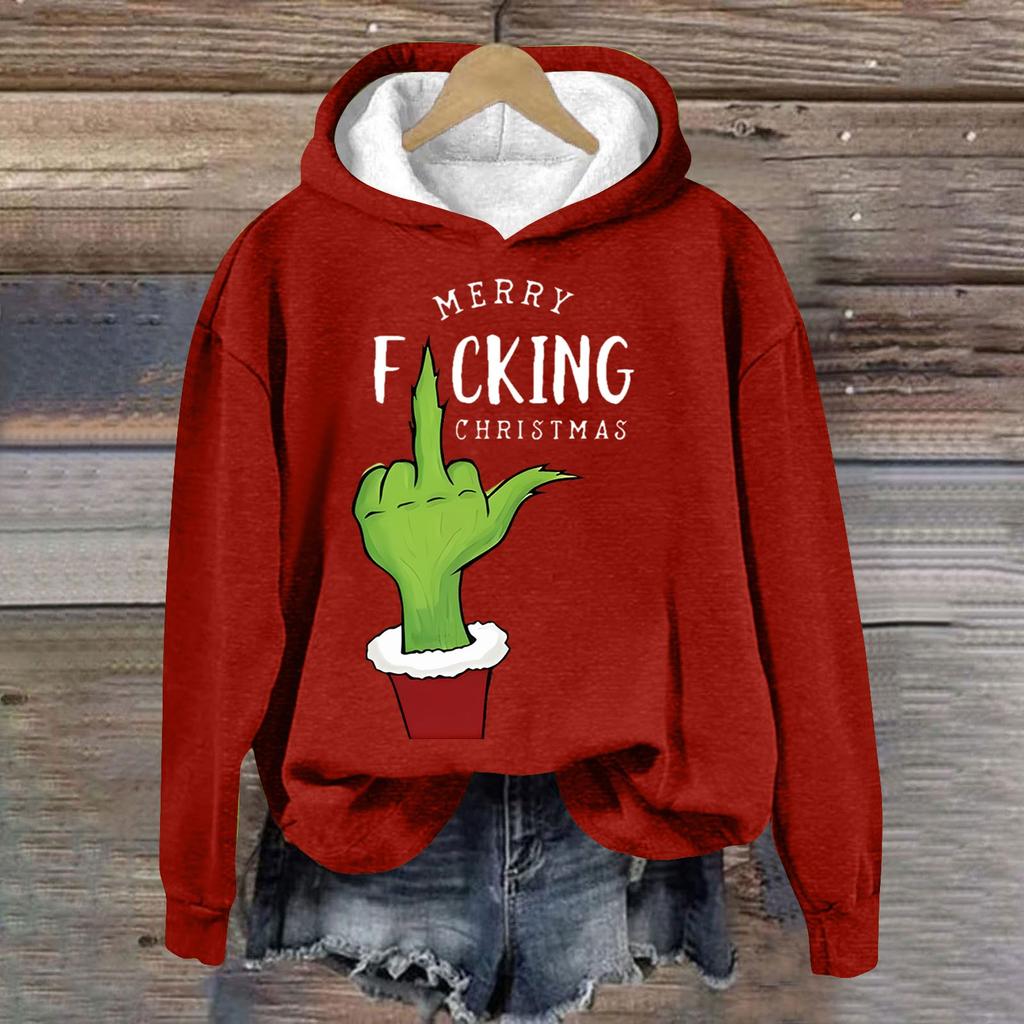 Women's Fashion Casual Long Sleeve Christmas Printed Round Neck Hooded Sweatshirt Top