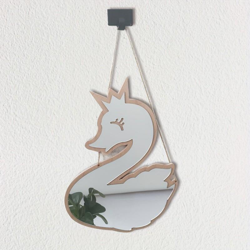 Cartoon Swan Wall Mirror Wooden Frame Acrylic Home Decor Modern Style