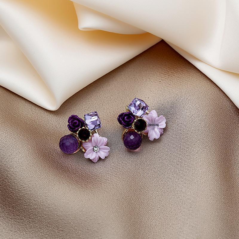

Silver Needle Purple Rhinestone Cat s Eye Flower Earrings - Retro Fairy Design