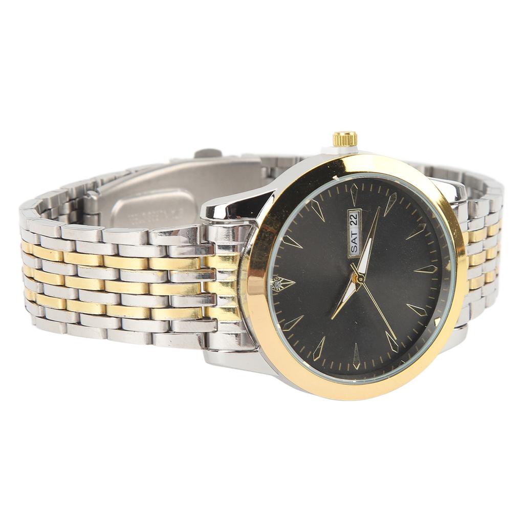 Quartz Men Watch Commercial Dual Date Stylish Classic Quartz Stainless Steel Dress Watch Gold and Silver Strap Black Dial