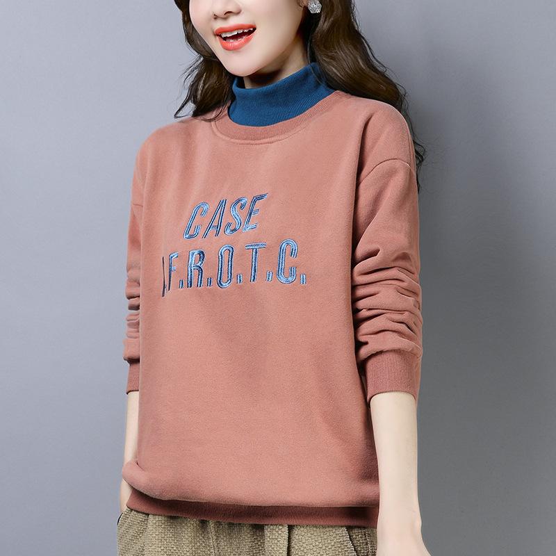 

Женский свитшот на флисовой подкладке, с полувысоким воротником, без капюшона, свободного кроя, короткий стиль, идеально подходит для осени/зимы 2024 L (116-130 jin) мальвовый