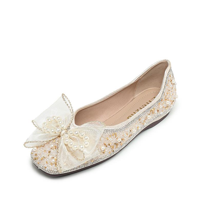 Mode süße Spitze Schleife Ballerinas Damen Designer Perle Schleife flache Schuhe Kristall Perlen Slip-On Loafers Damen Partyschuhe große Größe 43