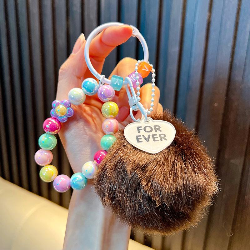 Pom-Pom Beaded Keychain: Plush Bag Pendant & Car Accessory for Autumn/Winter кофейный