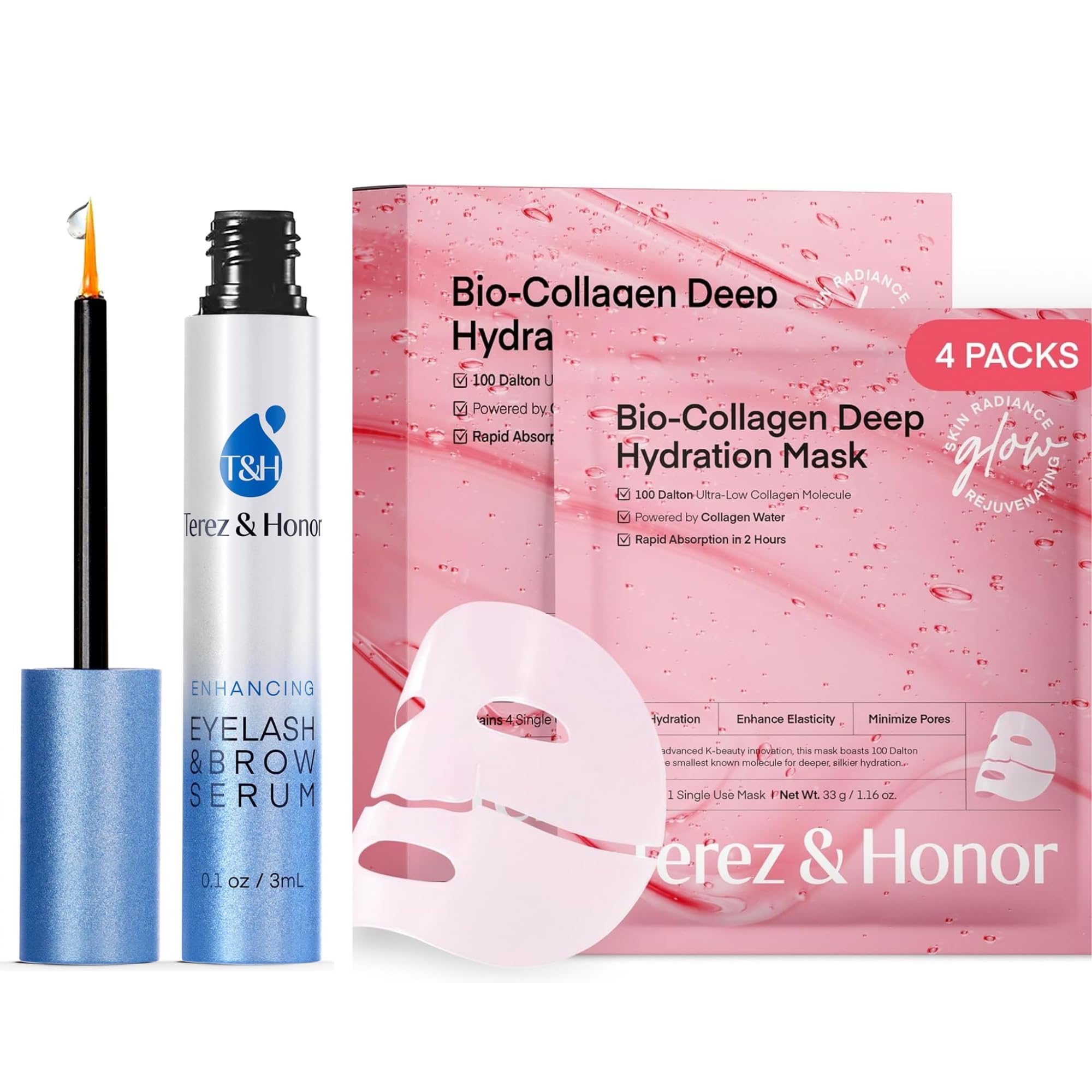 

Terez Honor Eyelash Serum 3ml and Collagen Face Mask Korean Cosmetics Eyelash Brow Serum Eyebrow Serum and Luster Serum & (4 sheets) & Moisturizing, розовый