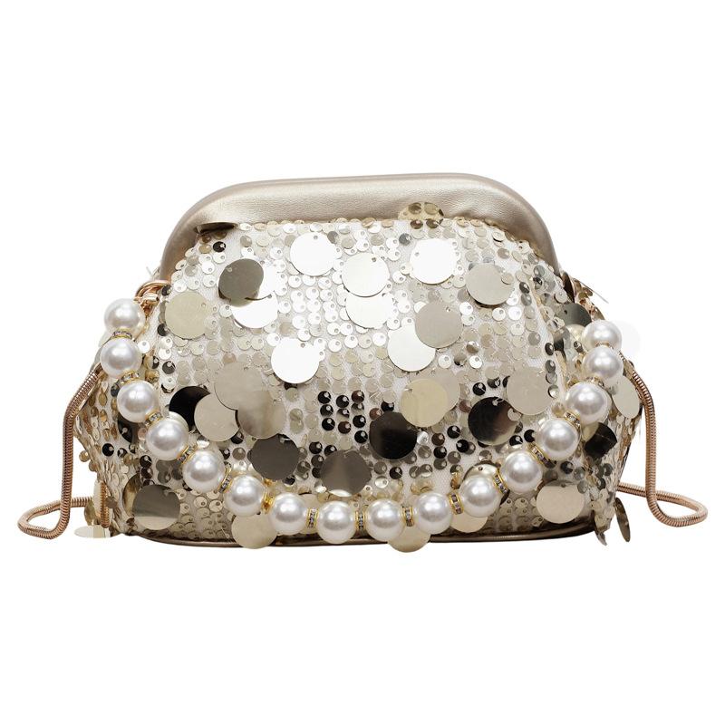 Ladies' Handbag, Women's Light Luxury Socialite Style Dinner Bag, Sequin Clip on Pearl Chain Handbag, Lace Flower Wedding Bag