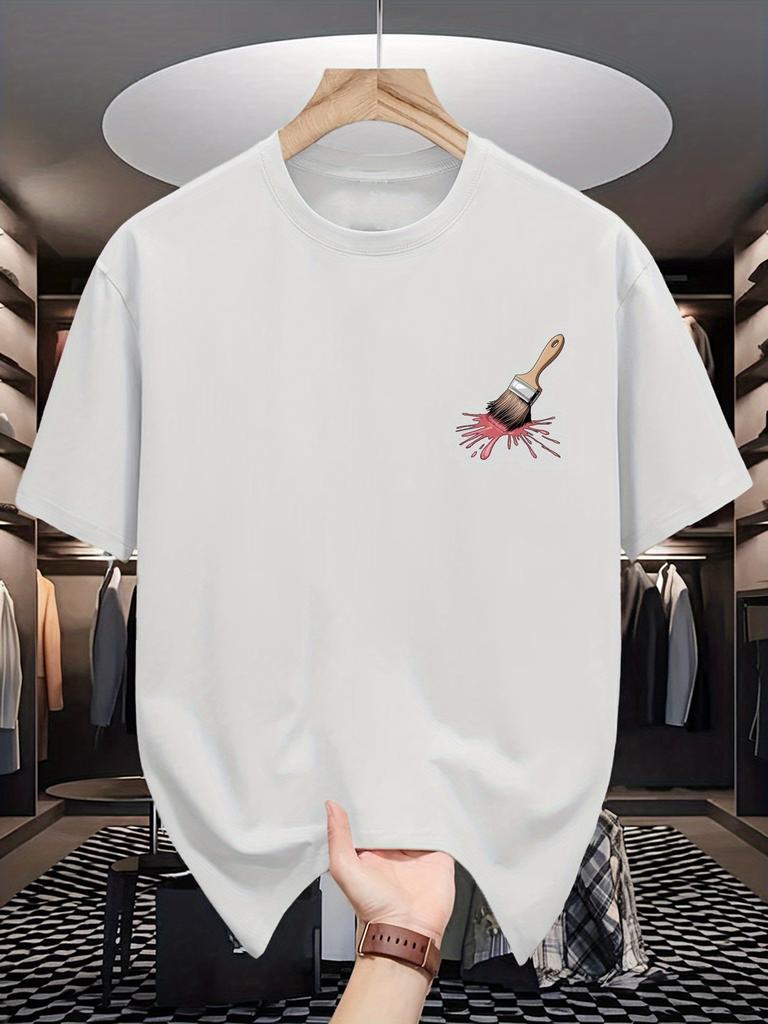Unisex Crew Neck Tee Paint Brush Splash Ink Minimal Pocket Print Soft Cotton Loose Short Sleeve Summer Casual Male Streetwear Tops