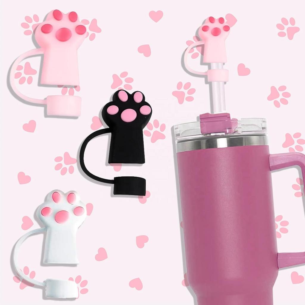 10mm Cute Paw Dust-Proof Silicone Straw Toppers Food Grade Material Straw Cover for Tumbler Cup Animal Cat Dog Lovers Gift