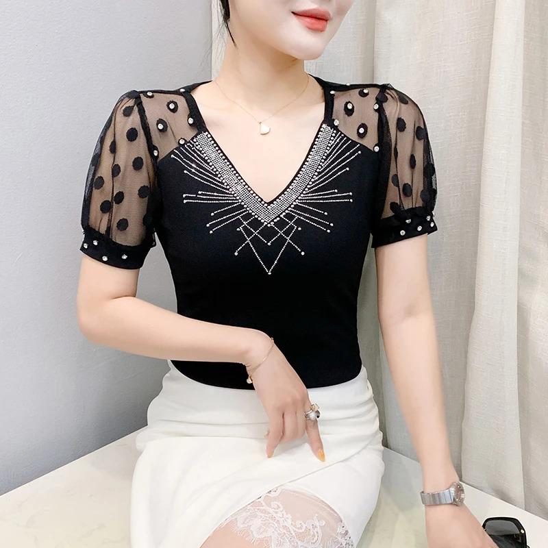 Summer V Neck Short Sleeved Women's T Shirt Fashion Sexy Diamond Mesh Tees Lace