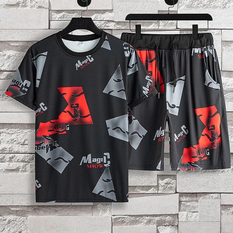 Summer Youth Style Ice Silk Pánská mikina Set Tričko+Šortky dvoudílné Pánské Sportovní soupravy Teplákové soupravy s potiskem Pánské MC-001