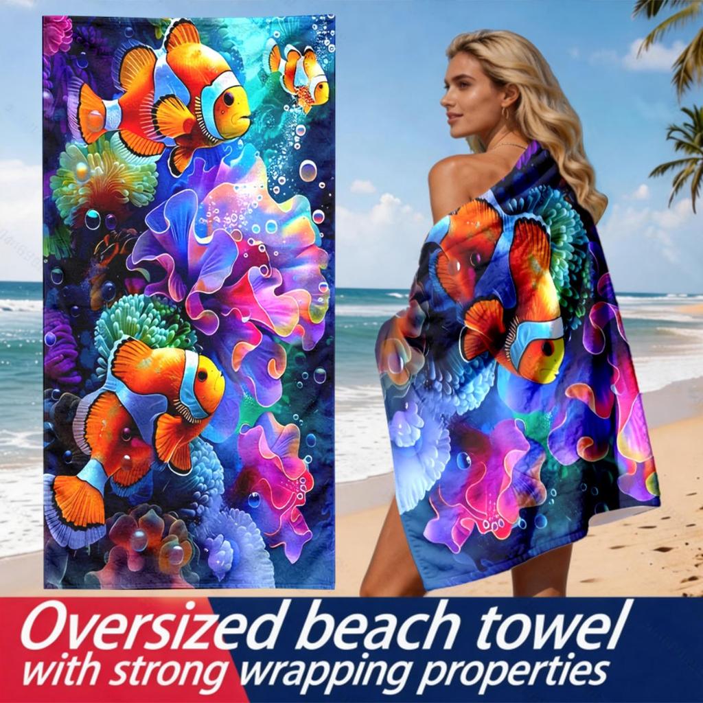 Watercolor Clownfish and Coral Reefs polyester microfiber beach towel is highly absorbent, suitable swimming and beach outings