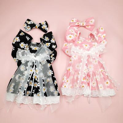 Summer Dog Dress Cute Bow Hairpin Floral Print Elegant Outfit Breathable Casual Wear Bow-knot Lace Princess Dress Pet Cat Two-legged Clothing